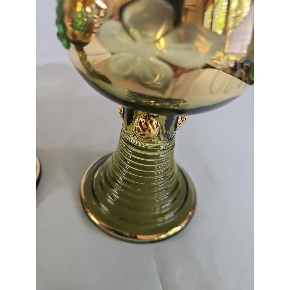 vintage german roemer Wiesbaden beehive gold green barware grapevine pattern